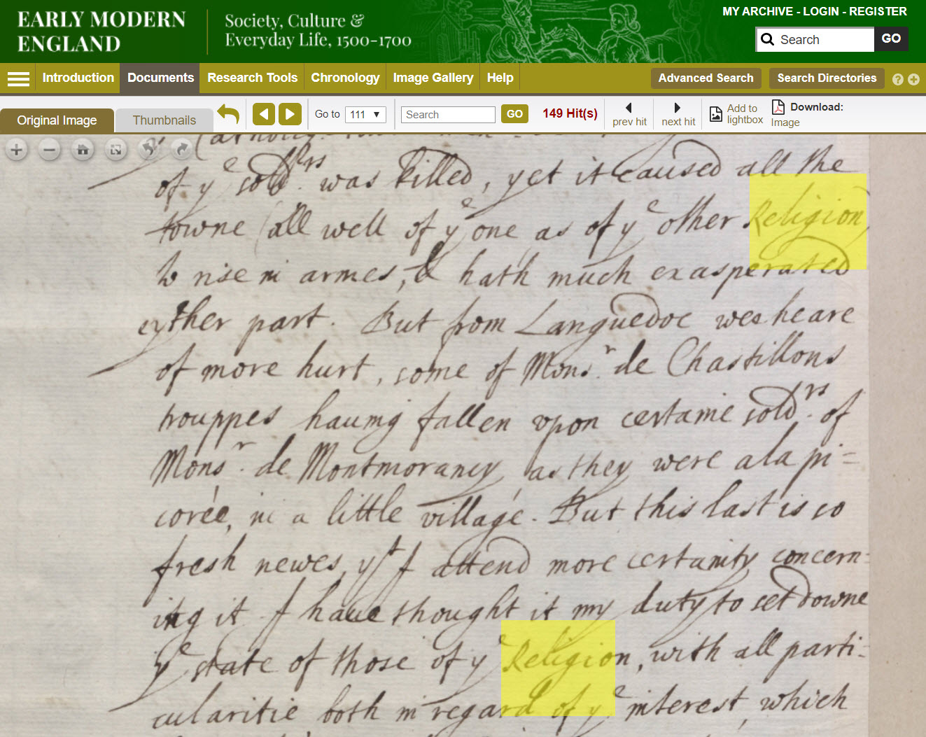 Document showing HTR search results for search term 'religion'